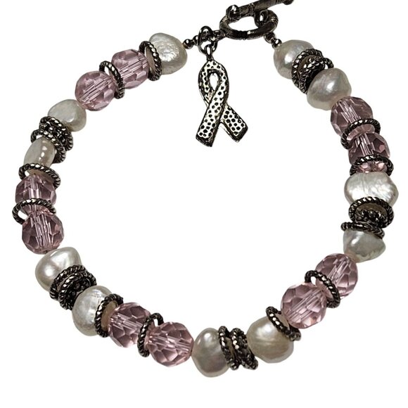 Breast Cancer Awareness Bracelet Pink White Beads Silver Ribbon Charm Women - Picture 1 of 4